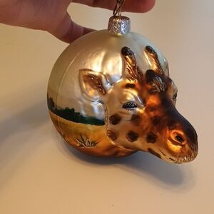 Hand Blown Glass Giraffe Head Christmas Ornament Hand Painted in Gold and Brown